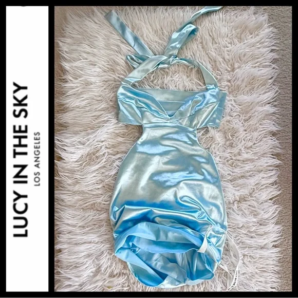 NWT Lucy in the Sky Blue Satin Cutout Bodycon Dress - Picture 7 of 10